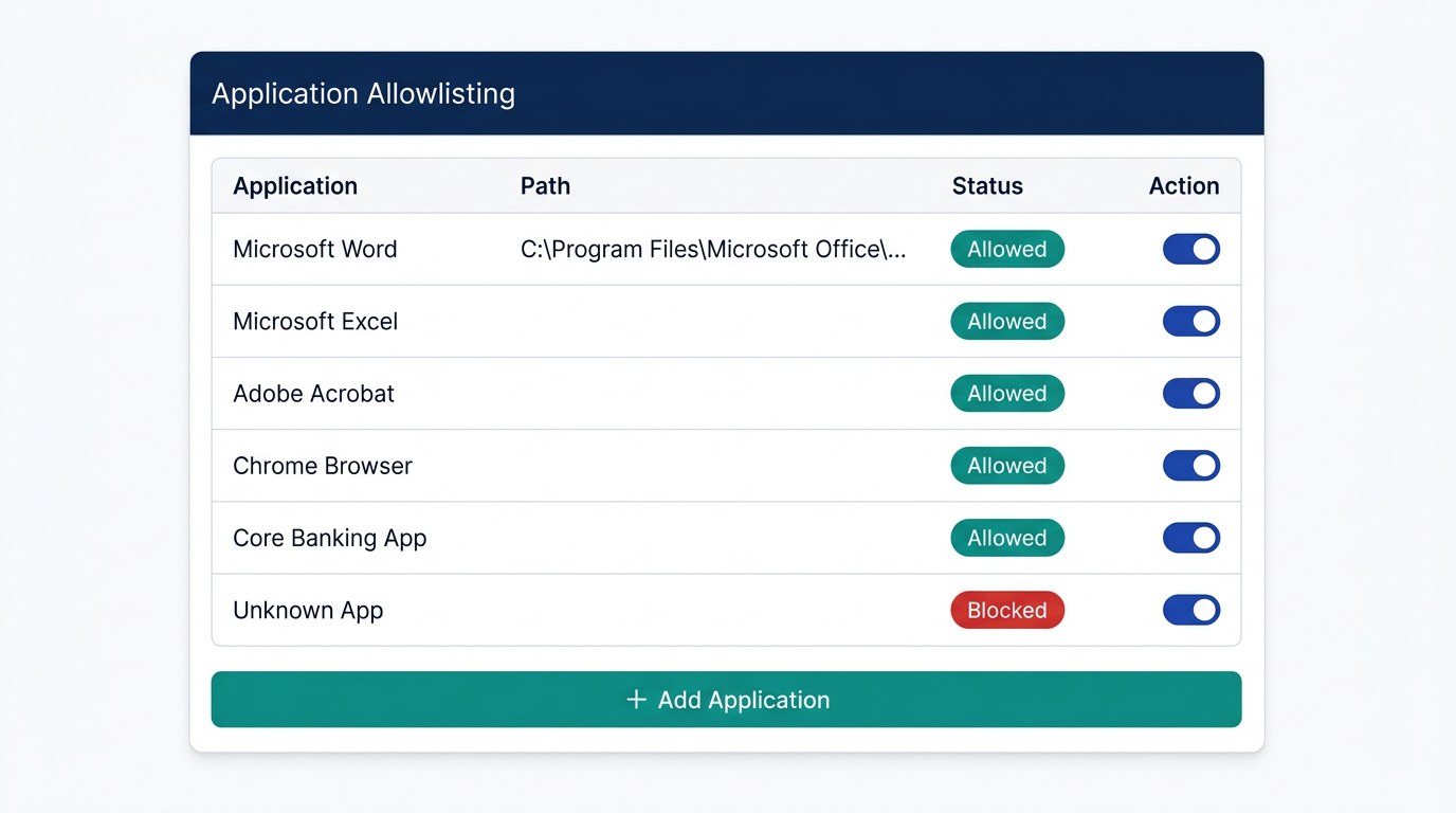 Application Allowlisting – allowed/blocked applications with toggle switches