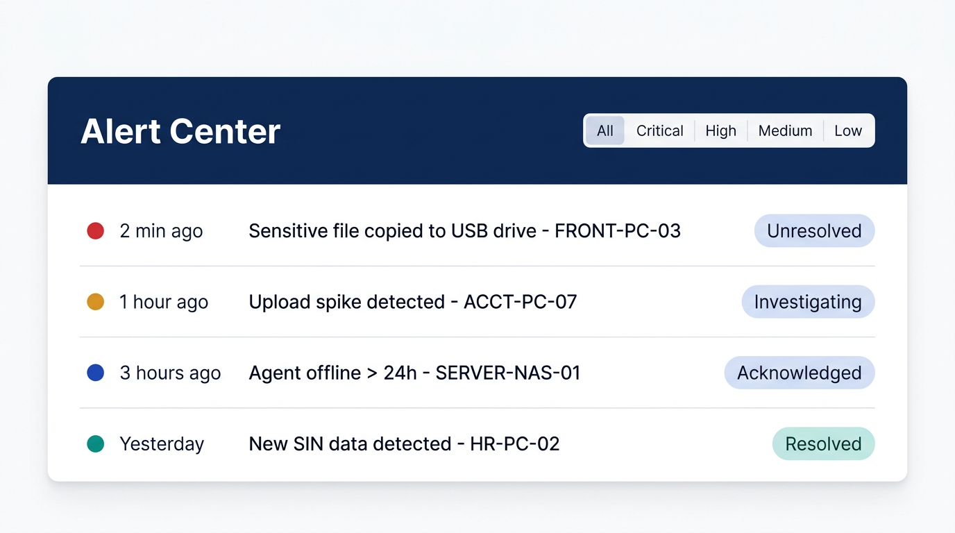 Alert Center – recent alerts with severity indicators, timestamps, and status
