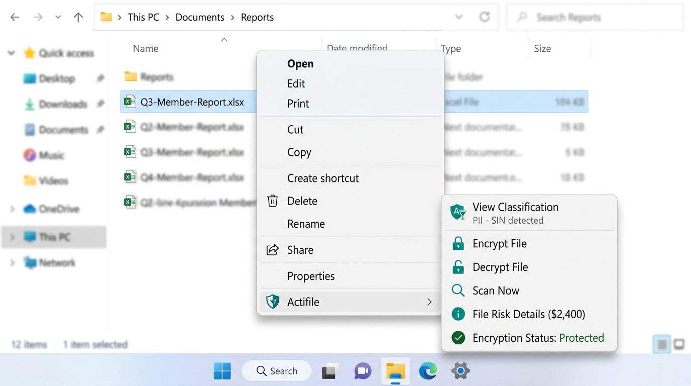Windows Right-Click Menu – Actifile submenu with View Classification, Encrypt, Decrypt, Scan, Risk Details